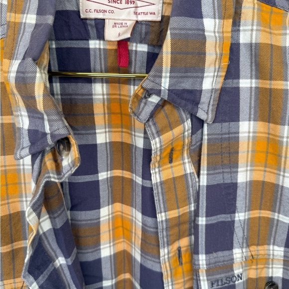 Filson Plaid Flannel Gold and Blue Casual Button Down Shirt Mens Collared - Picture 6 of 7